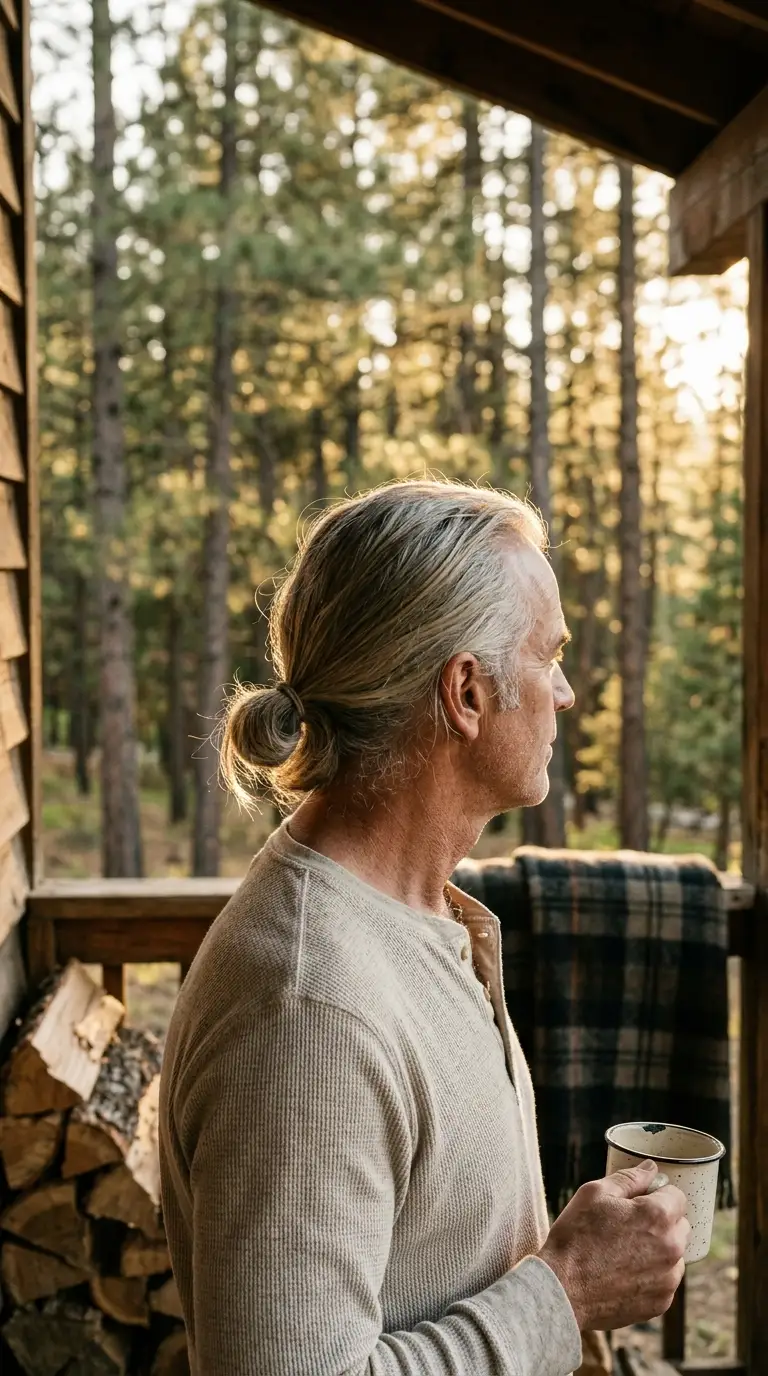 Three quarter view of shoulder length silver hair tied in a low knot