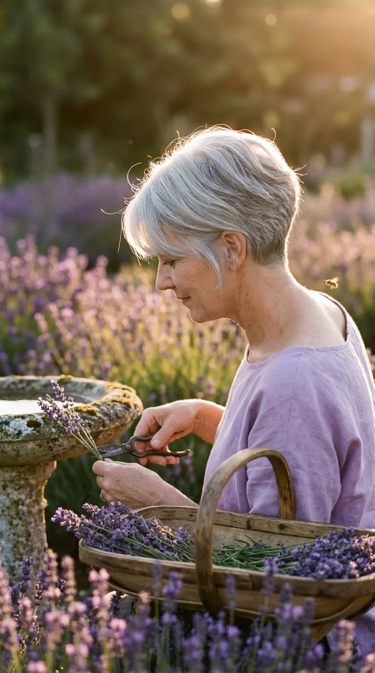 Side profile of a silver gray pixie cut with a soft swept top among lavender