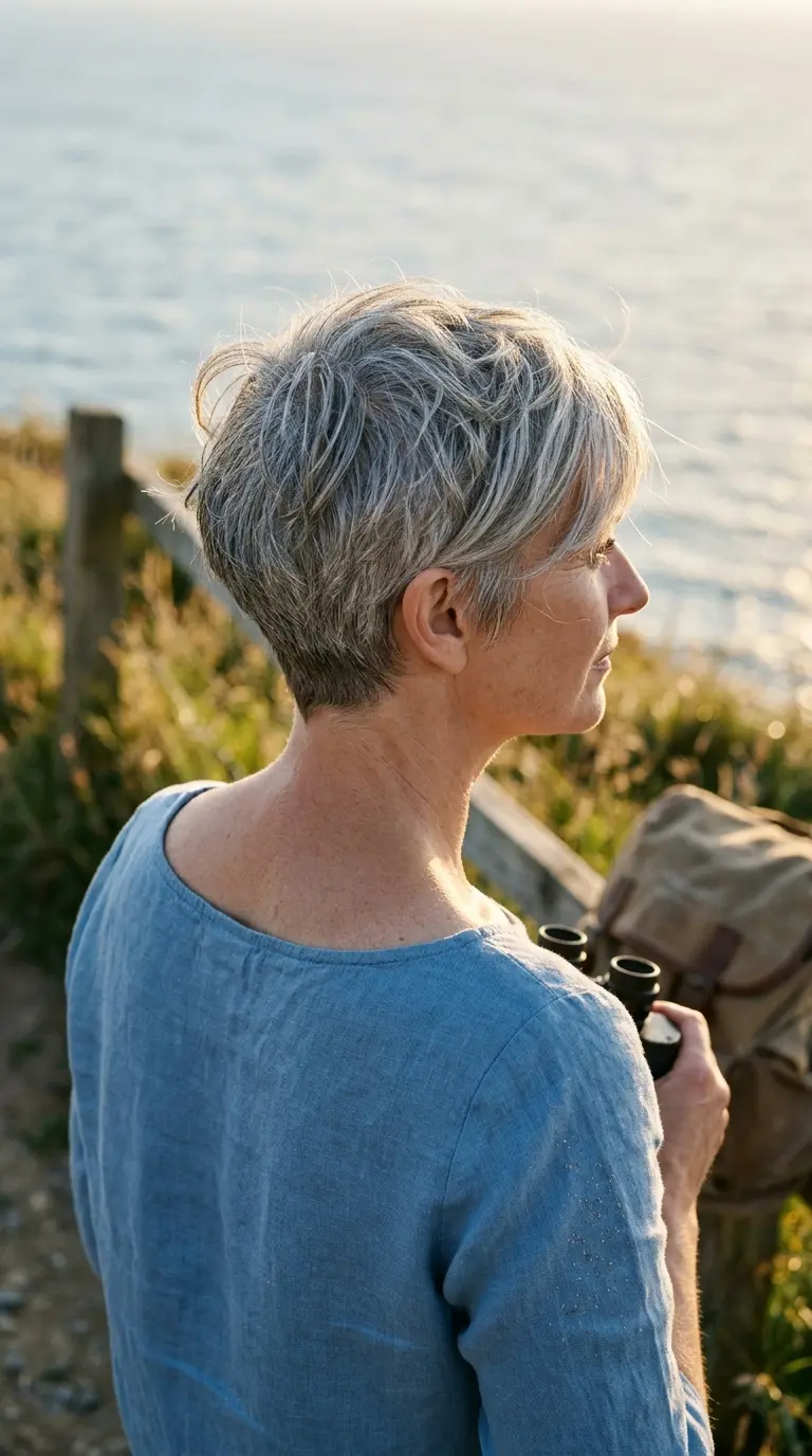Three quarter back view of a silver grey pixie with piecey texture