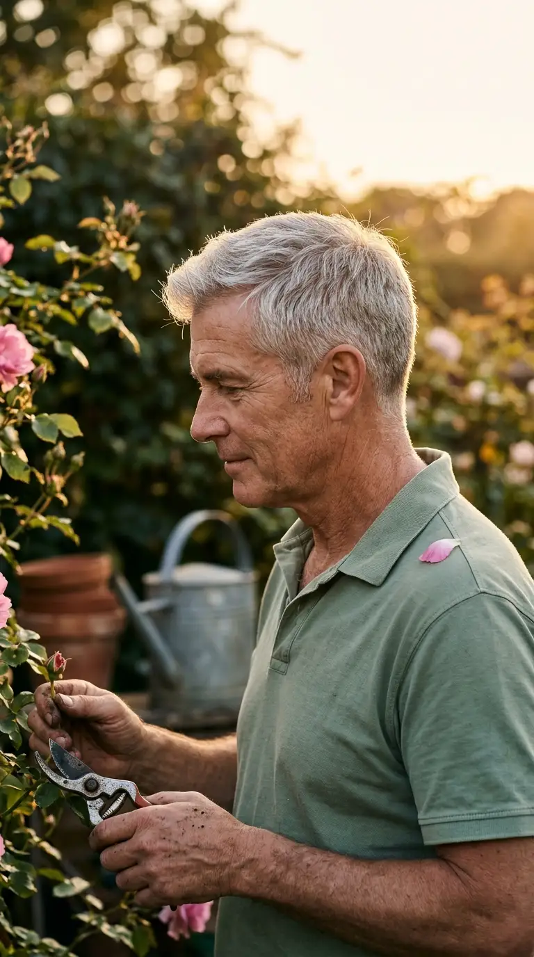 Side profile of a silver short crop on grey thinning hair in a garden