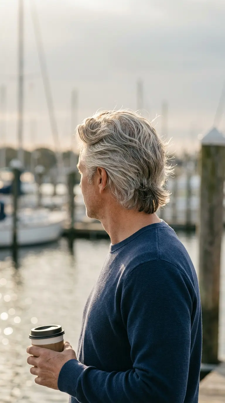 Three quarter front view of an older man with silver medium length hair swept back