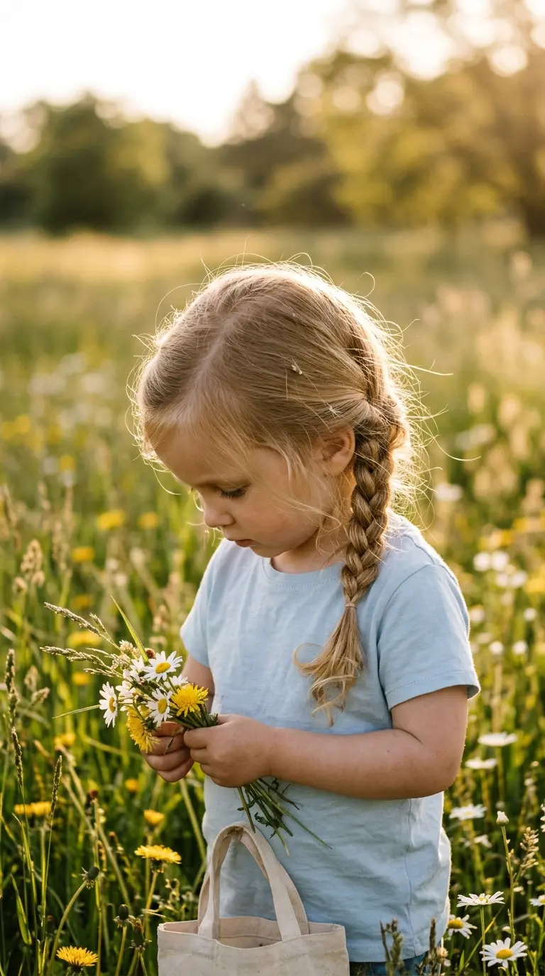 Three quarter front view of a toddler with a side braid picking daisies