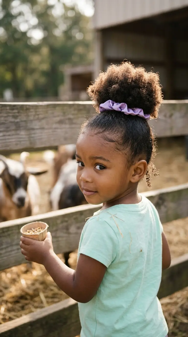 Three quarter back view of a toddler with a soft puff at a petting farm