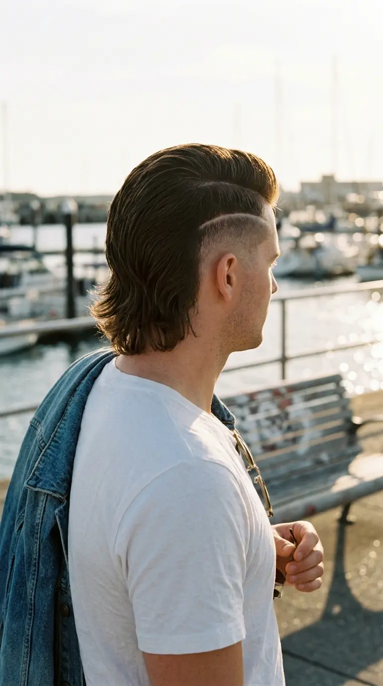 Three quarter back view of a skin fade mullet with a shaved hard part