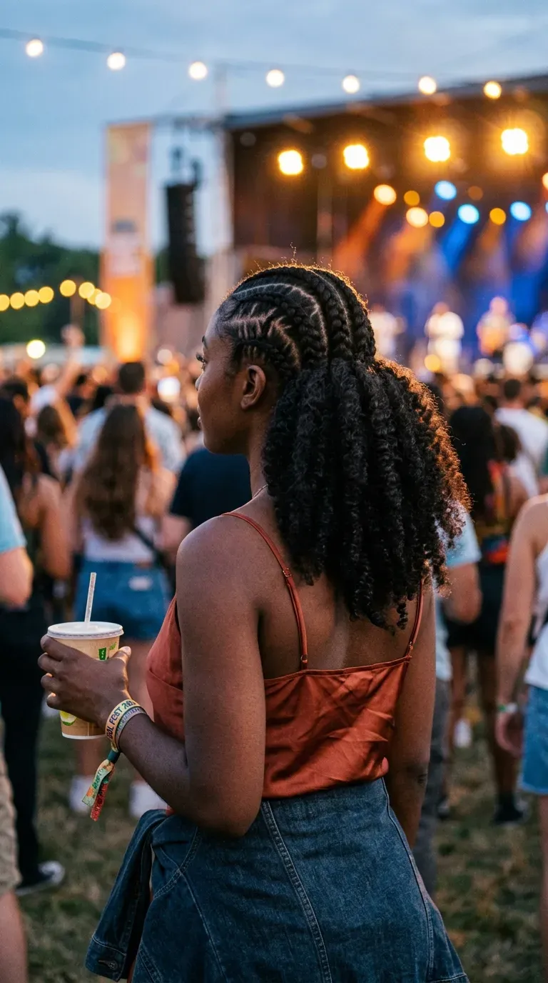 Three skinny feed-in braids with curly hair in the back on auburn ringlets
