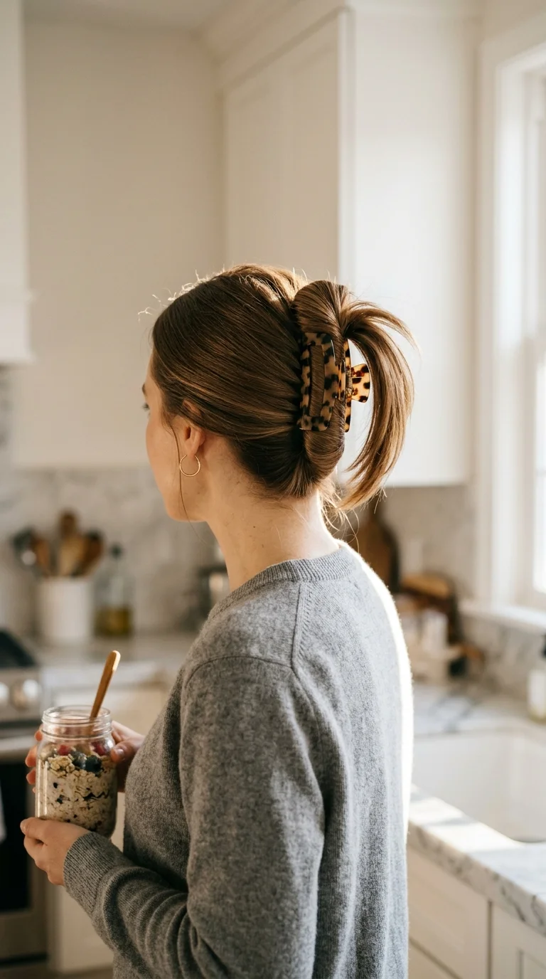 Three quarter back view of a round tight ballerina bun high on the back of the head on long dark blonde hair