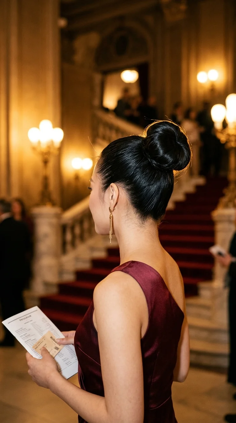 Three quarter view of a sleek high ballerina bun on long straight hair