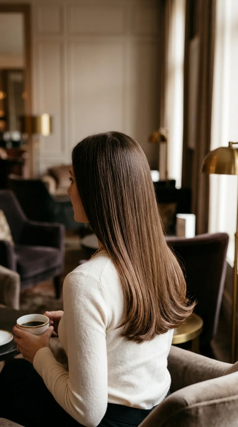 Back view of a smooth glossy blowout with ends bent gently under on long straight brown hair