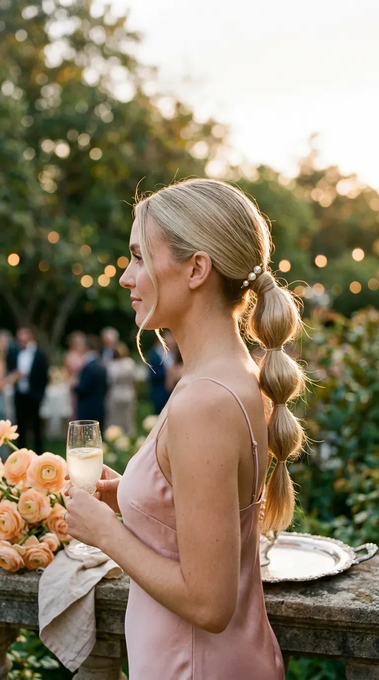 Side profile of a sleek low bubble ponytail with pearl pins