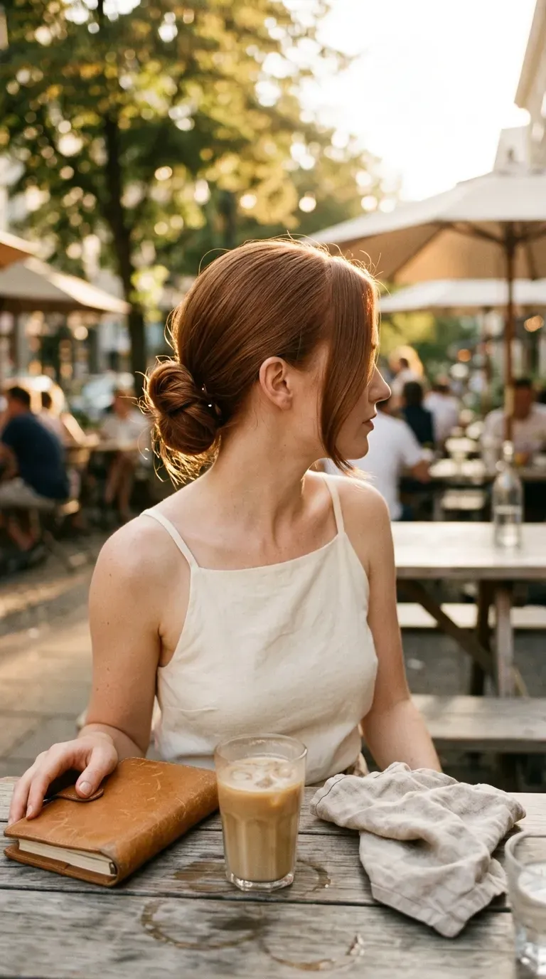 Three quarter view of a low bun with deep side part on a cafe patio
