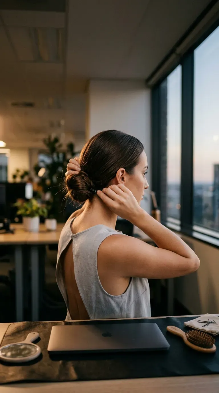 Three quarter back view of a woman pinning a loosened bun in an open office