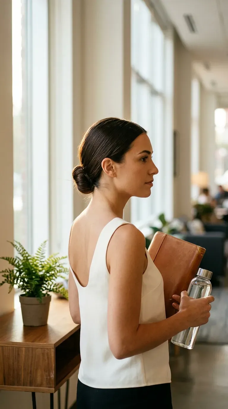 Three quarter view of a low sleek bun with center part in an office lobby