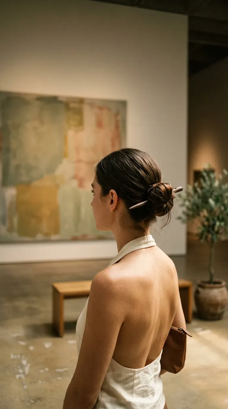 Three quarter back view of a sleek bun held with a wooden hair stick