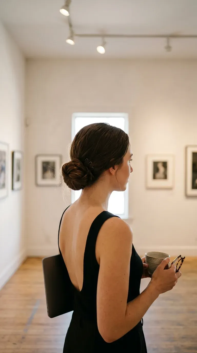 Over the shoulder view of a low off center chignon in an art gallery