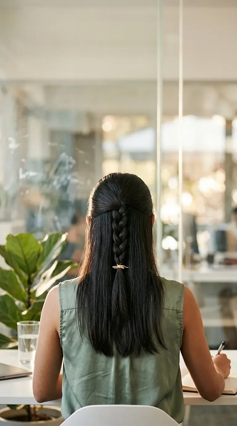 Back view of sleek dark hair with a flat French braid down the center
