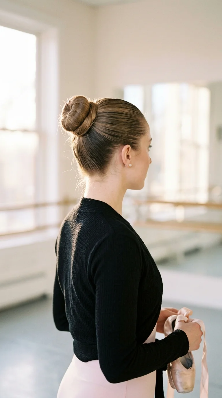 Back view of a small smooth top knot on the top half of long straight blonde hair with the bottom half left down