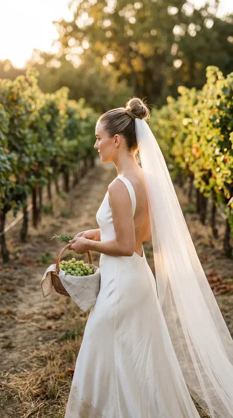 Side profile of a sleek high bun with a long veil in a vineyard