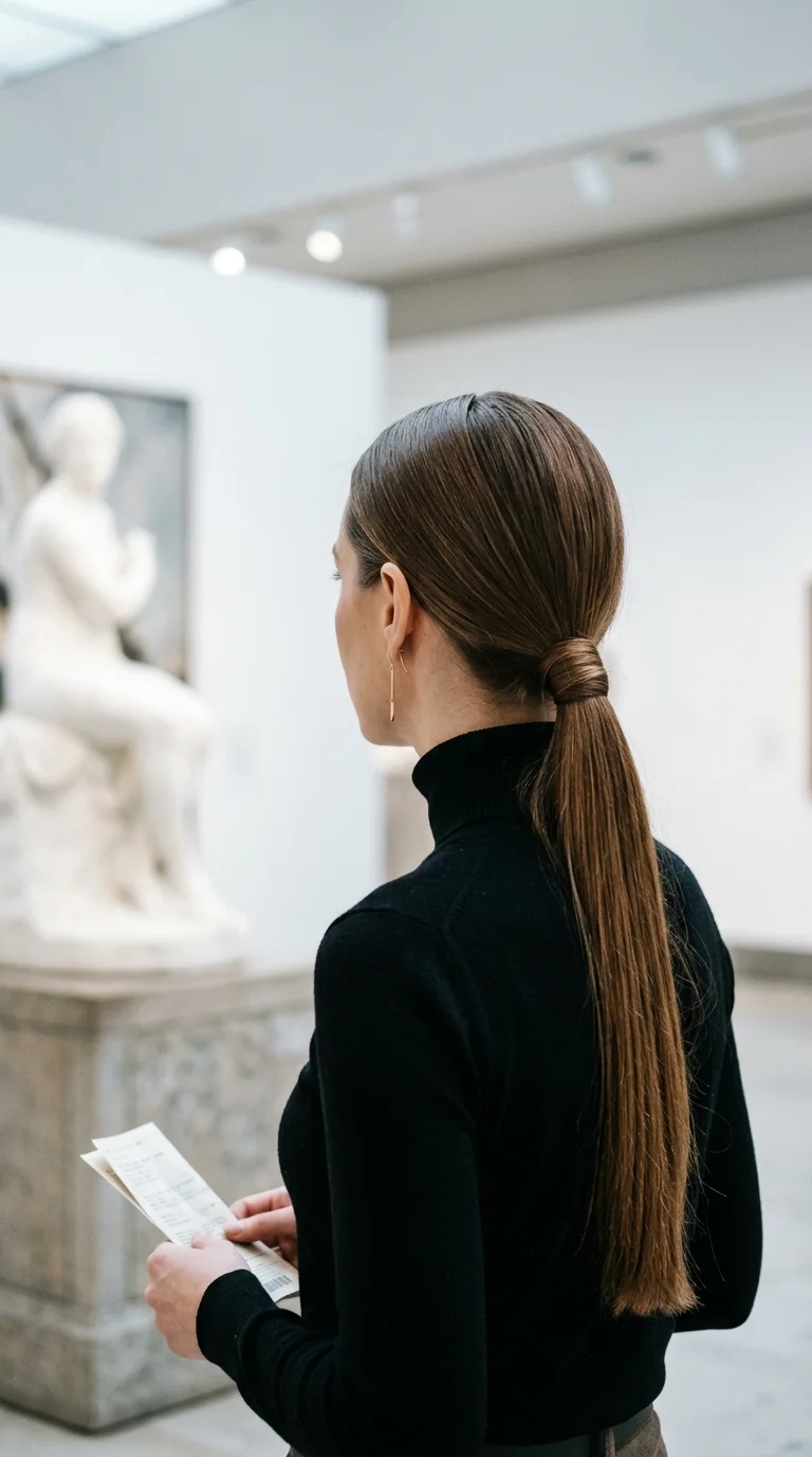 Side back view of a smooth high ponytail at the crown with a long straight glossy tail on black hair