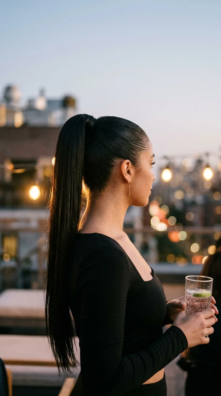Side profile of a glossy high ponytail with hair wrapped around the base hanging straight down long dark hair