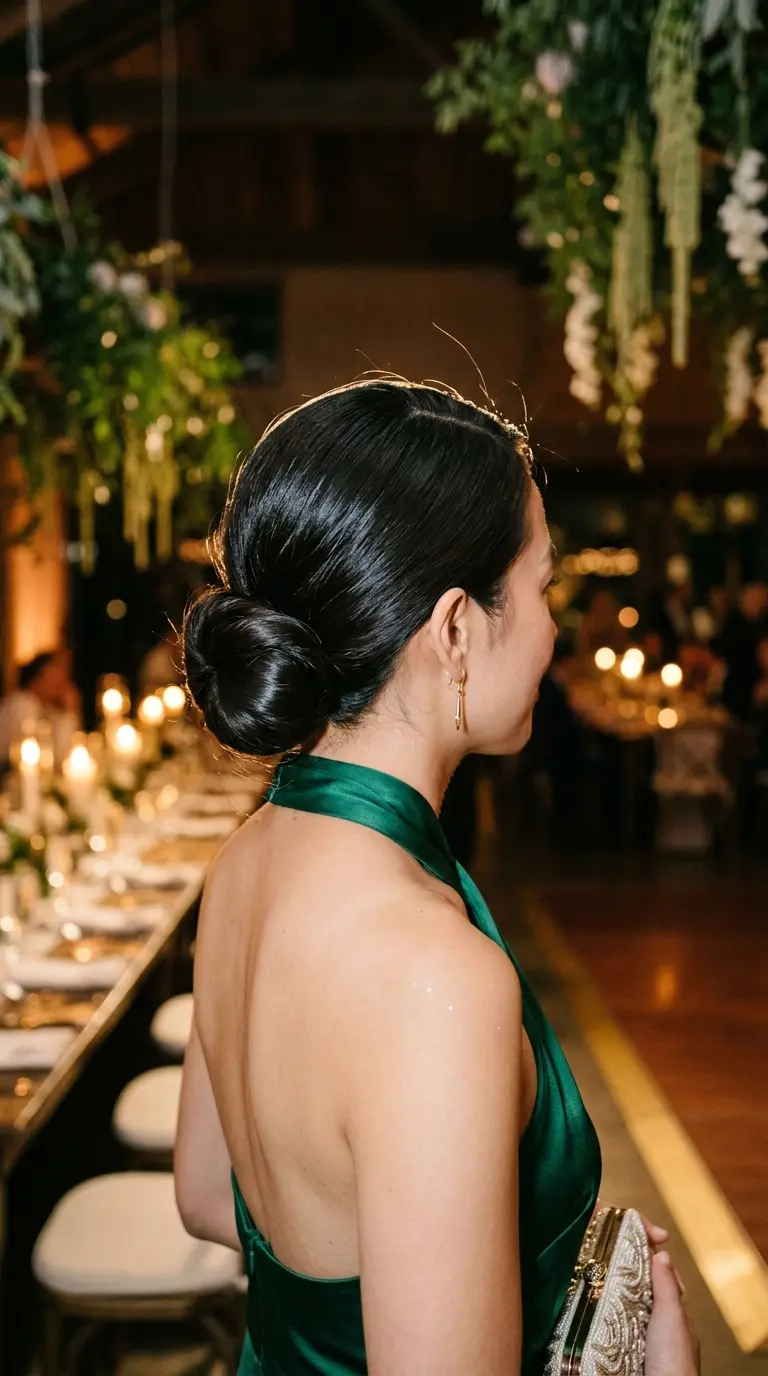 Back view of a sleek low chignon with a center part at an evening wedding