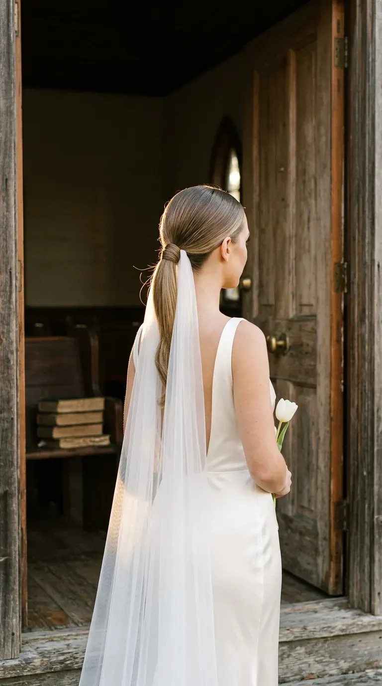 Three quarter back view of a sleek low ponytail with a wrapped base and veil