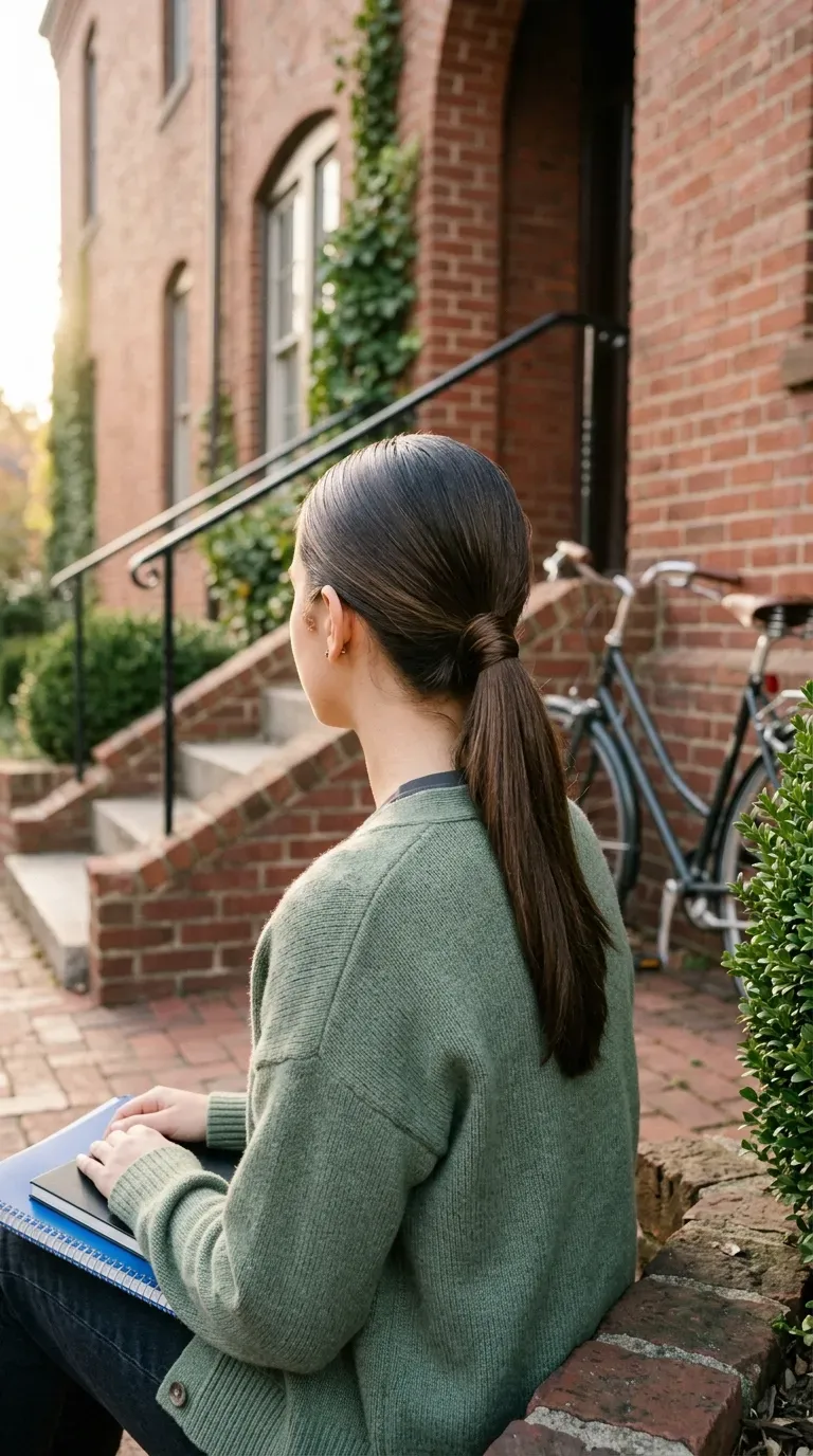 Girl with a sleek low ponytail wrapped in hair on school steps