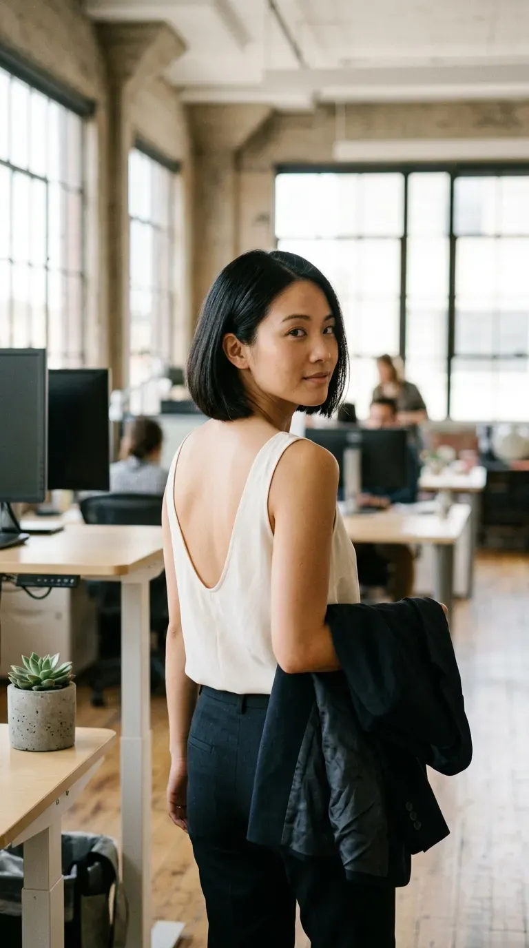 Over the shoulder view of a sleek bob with a middle part tucked behind the ear