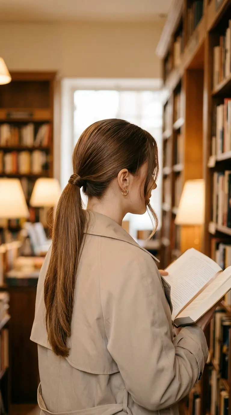 Side back view of a smooth mid ponytail with two soft bent face framing pieces left out at the front on long brunette hair