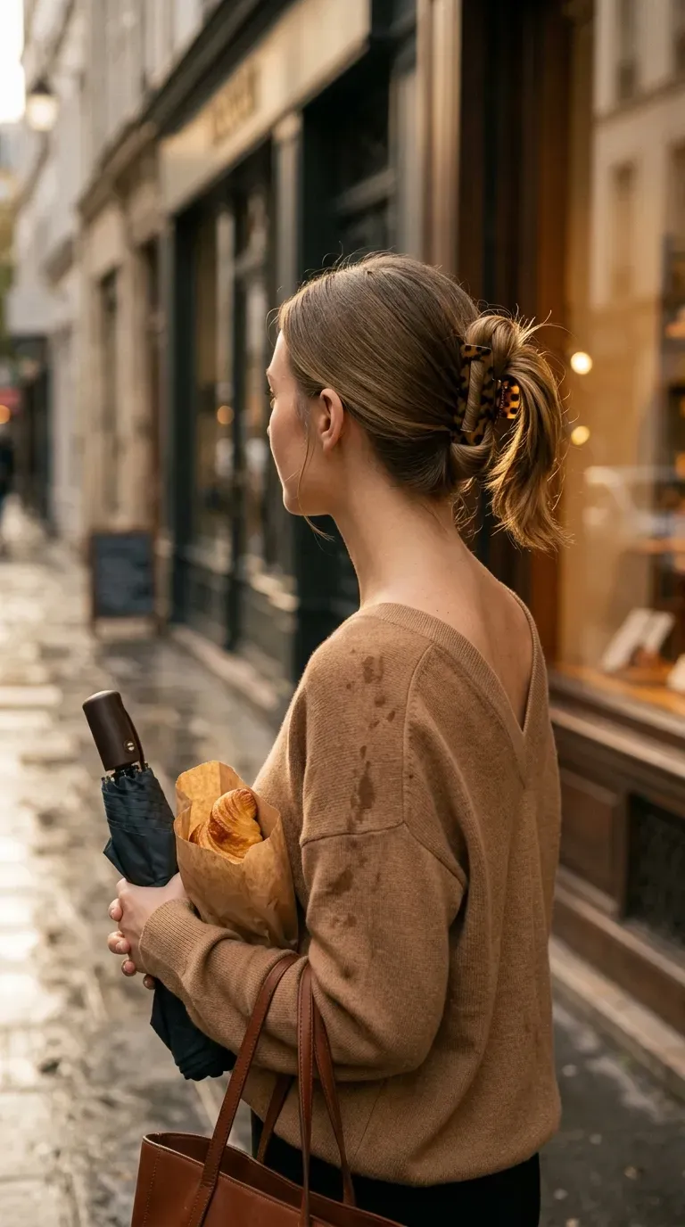 Three quarter back view of a sleek low ponytail looped through a tortoiseshell clip