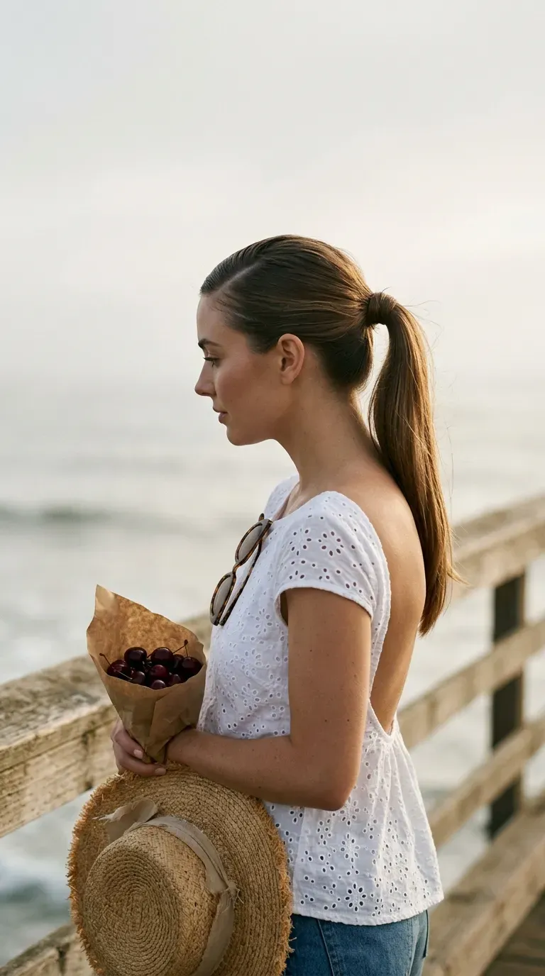 Three quarter view of a sleek ponytail with wrapped base on a seaside pier