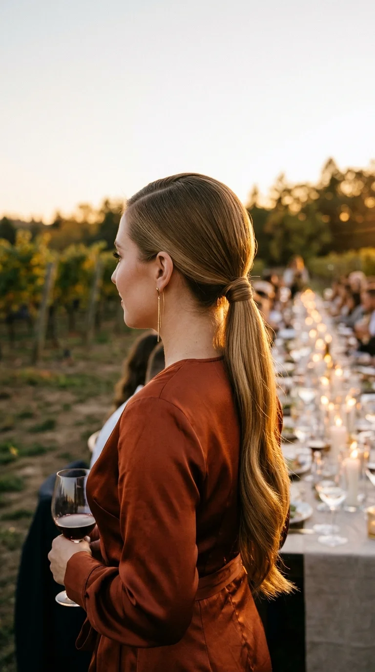 Side view of a smooth low ponytail tied behind one ear and draped over the shoulder on long straight dark blonde hair