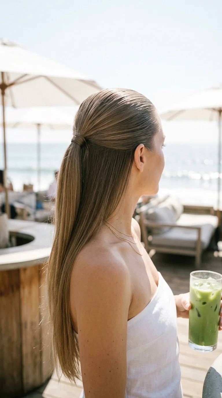 Back view of a tight smooth three strand braid running from the nape down long glossy black hair