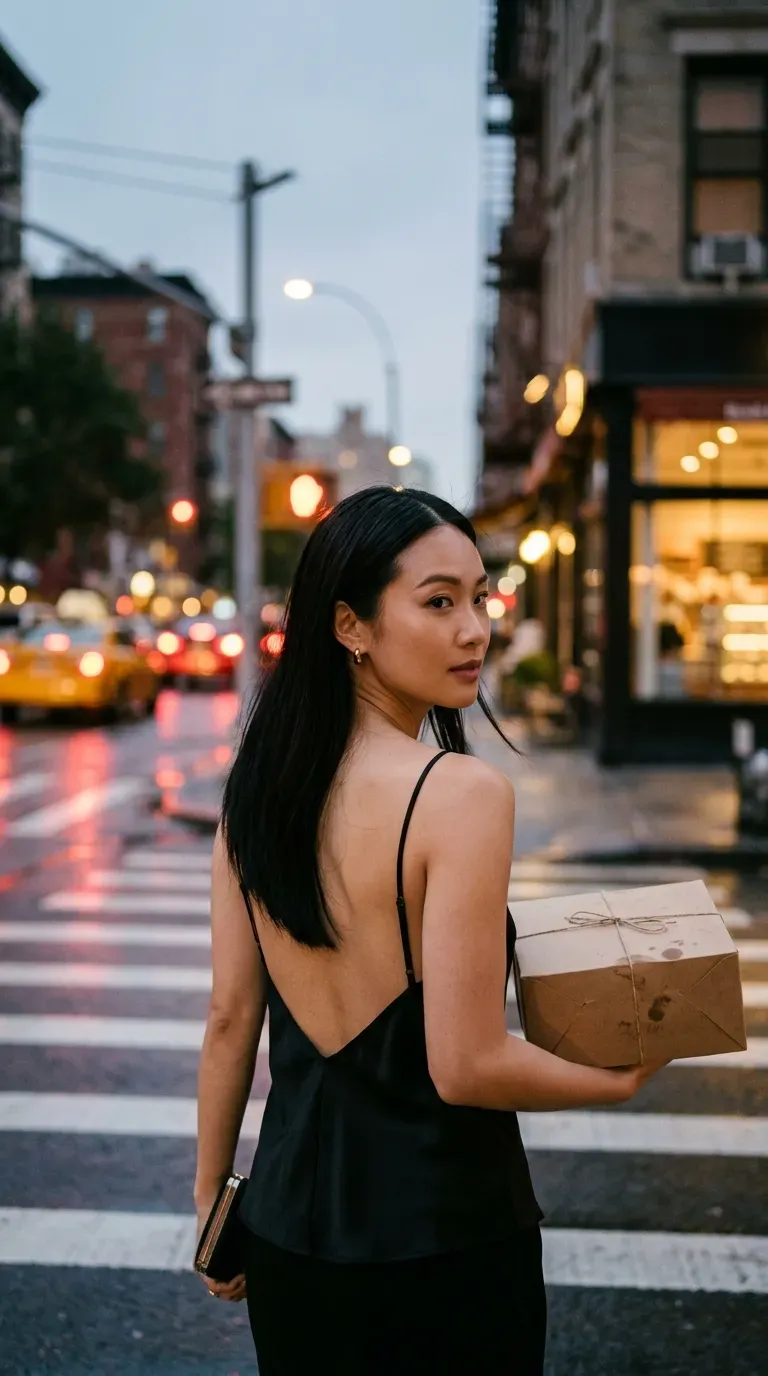 Over the shoulder view of sleek straight hair with one side tucked behind the ear