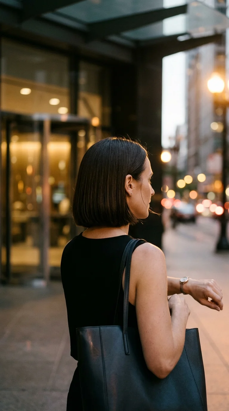 Three quarter back view of a glossy espresso brown bob tucked behind the ears