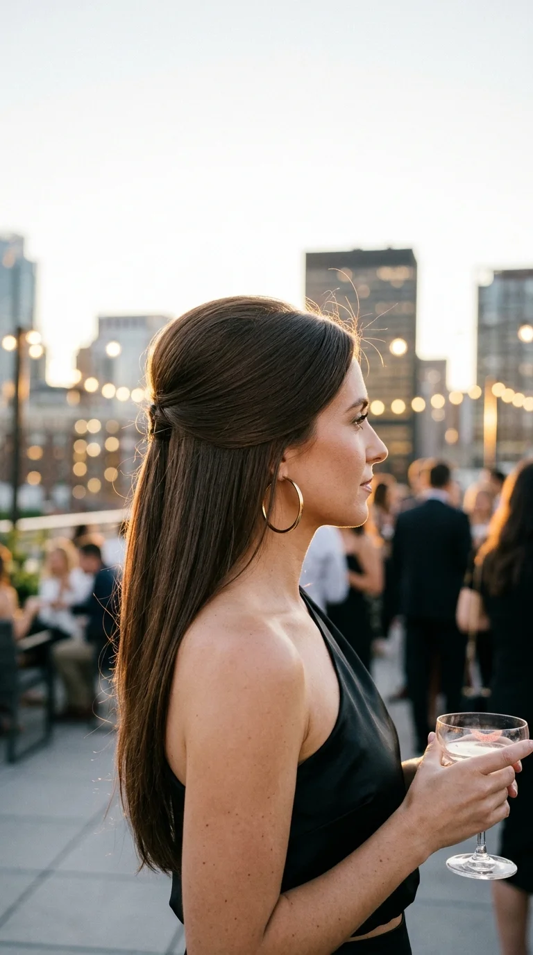 Side profile of a half up style with lifted volume at the crown and smooth straight hair below