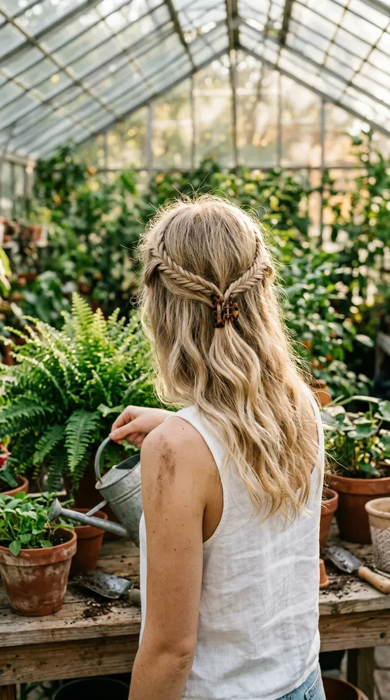 Loose sleep in fishtail braid on a woman sitting on rumpled morning bed sheets