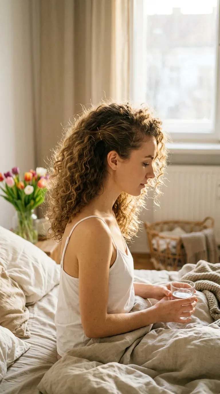 Side profile of loose slept in curls pinned back at the front with two pins