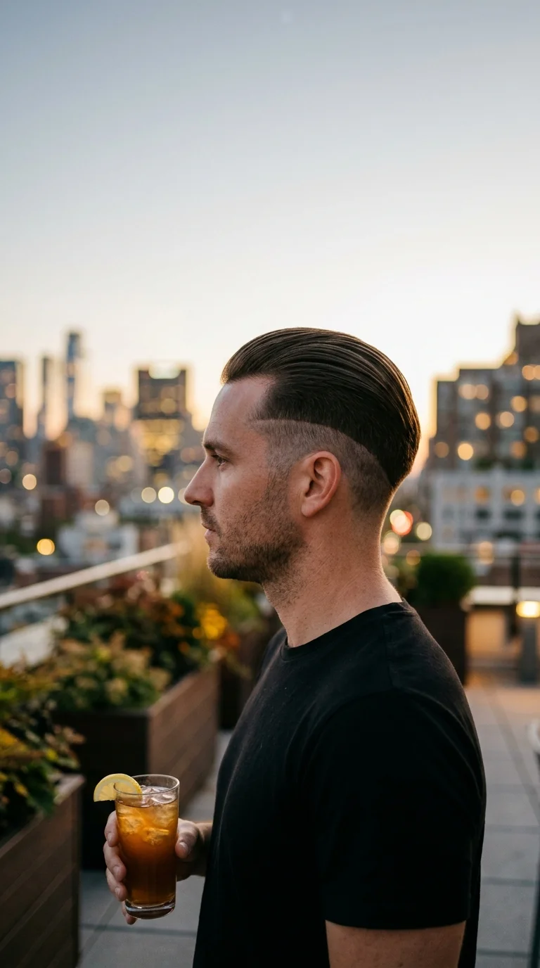 Side profile of a man with a slick back undercut and short sides