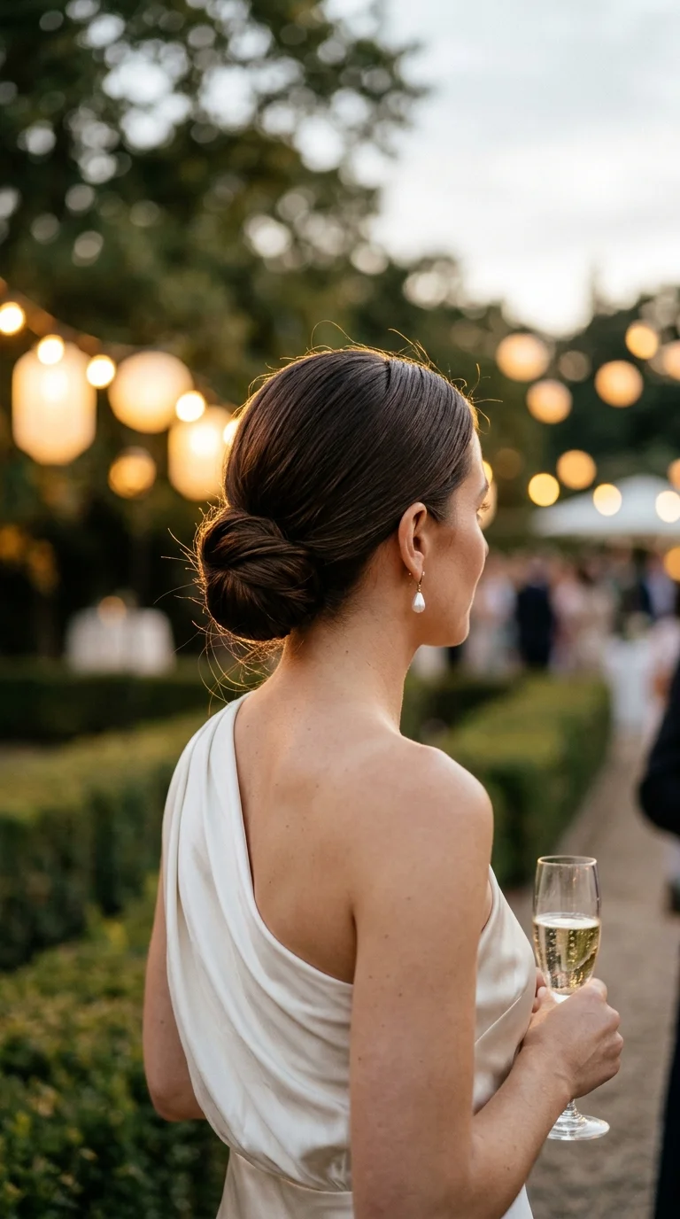 Back view of a vertical twist held with a tortoiseshell claw clip on smooth long brown hair