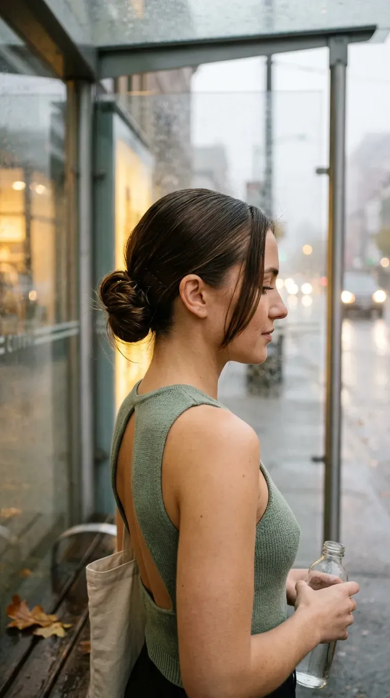 Side profile of a slick low bun with face framing strands at a bus stop