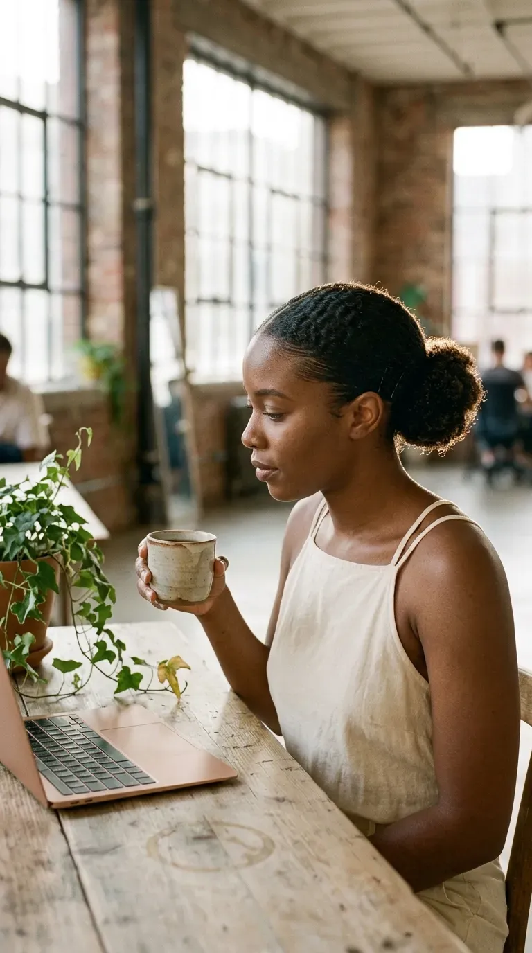 Three quarter view of a slicked back bun on natural curls in a coworking loft