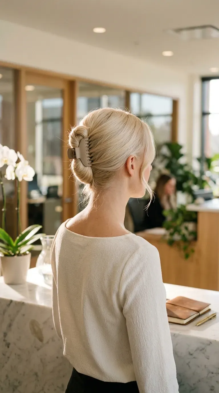 Over the shoulder view of slicked back hair held high by a matte clip