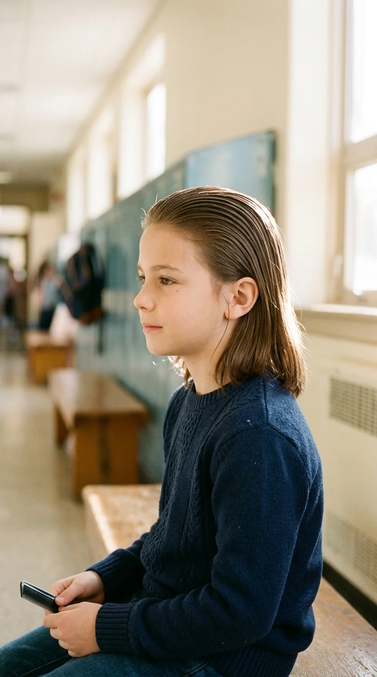Three quarter view of a boy with long hair slicked back neatly for school photos