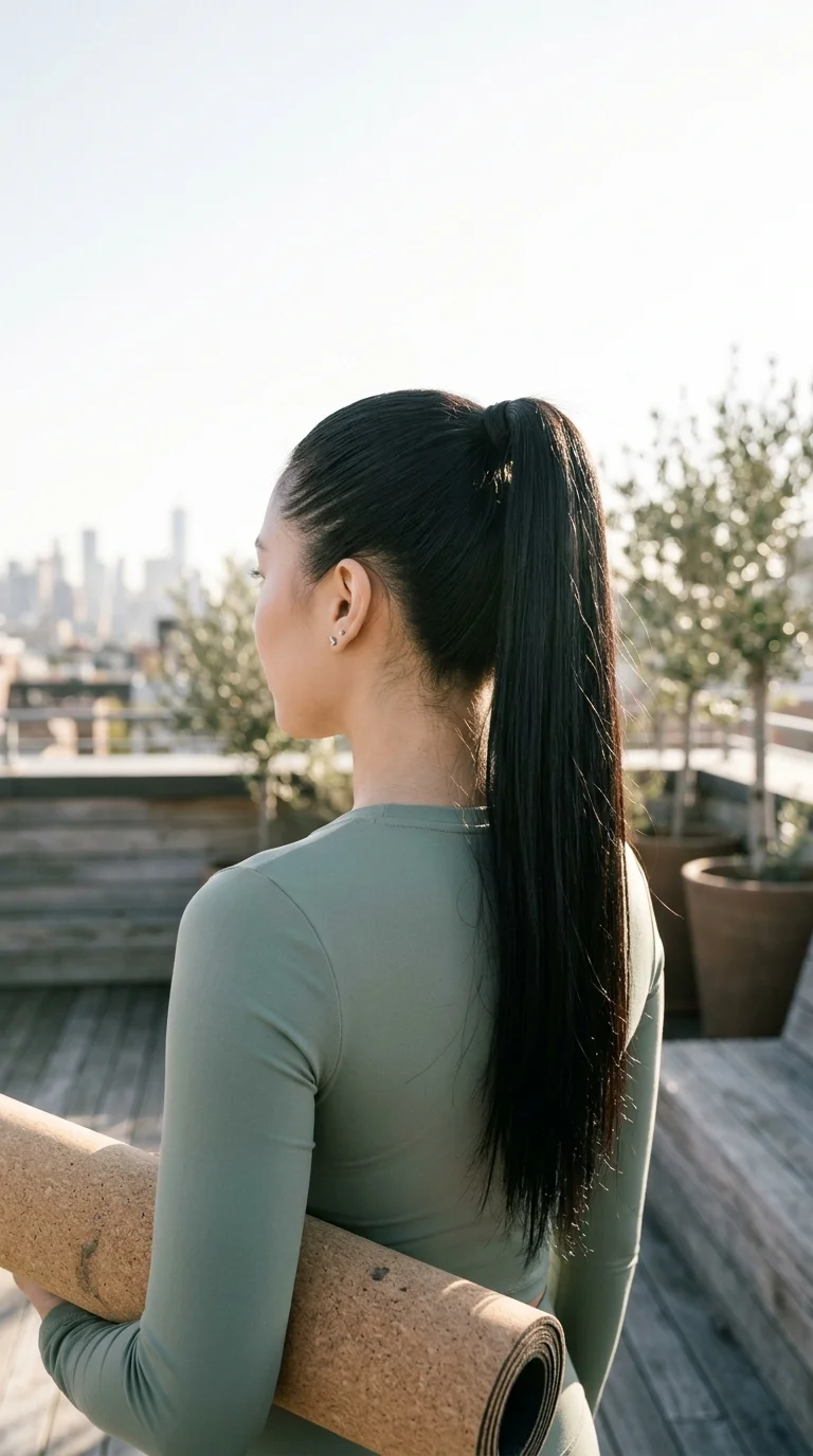 Three quarter back view of a smooth slicked back low bun at the nape on long light brown hair
