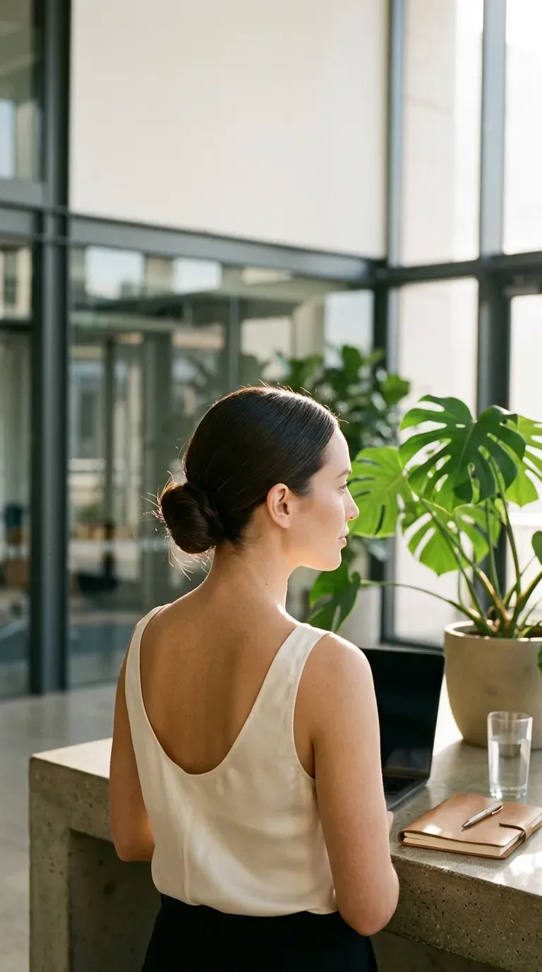 Three quarter back view of a slicked back low bun with a middle part