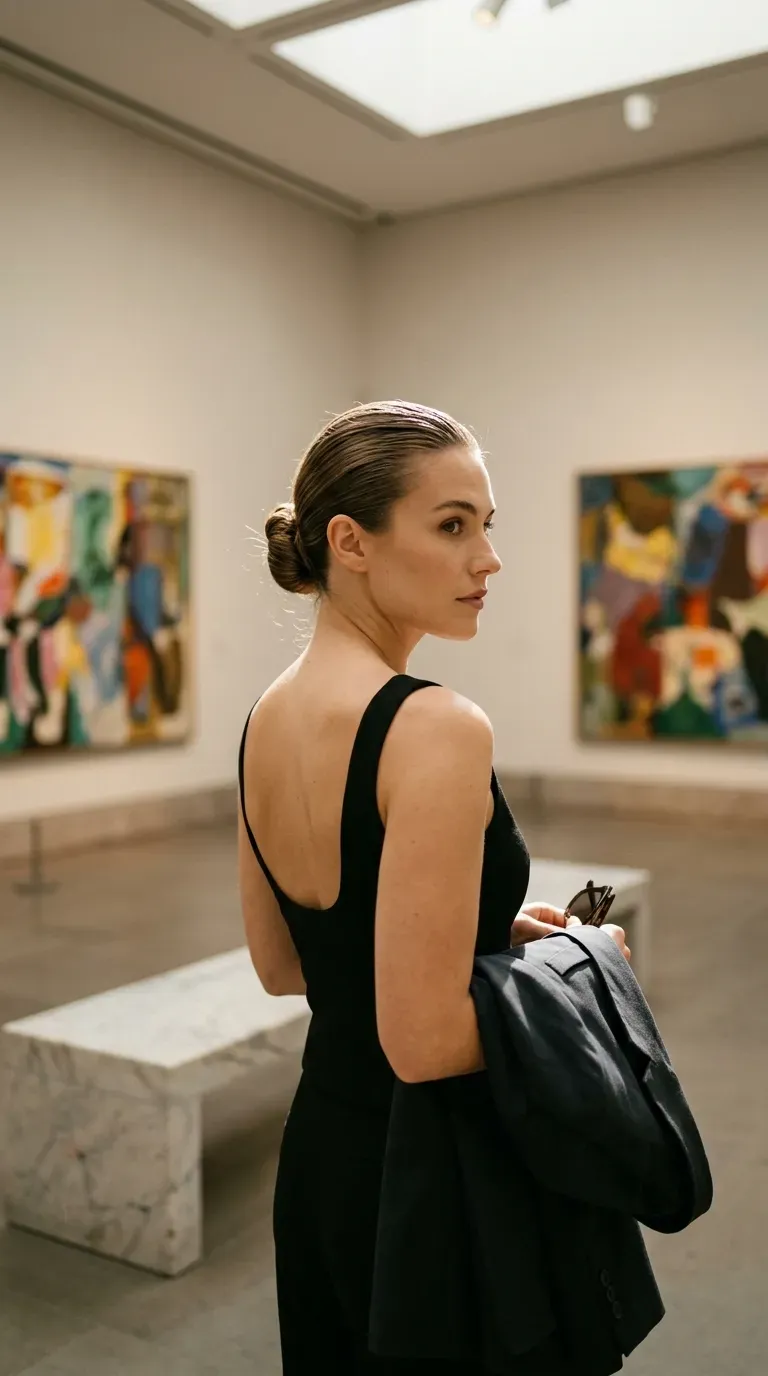 Over the shoulder view of a slicked back low bun in an art gallery