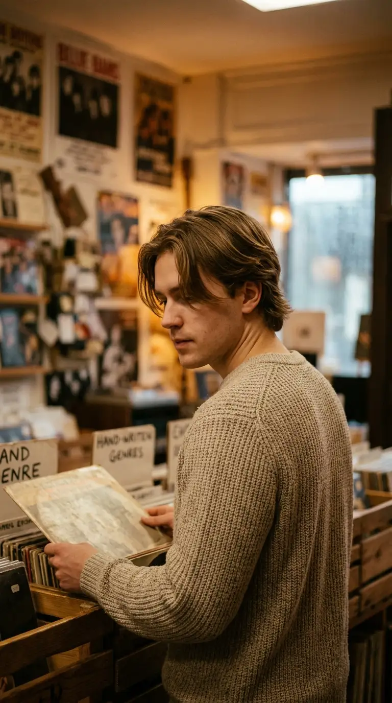 Three quarter back view of a man with medium length hair slicked back with a soft shine