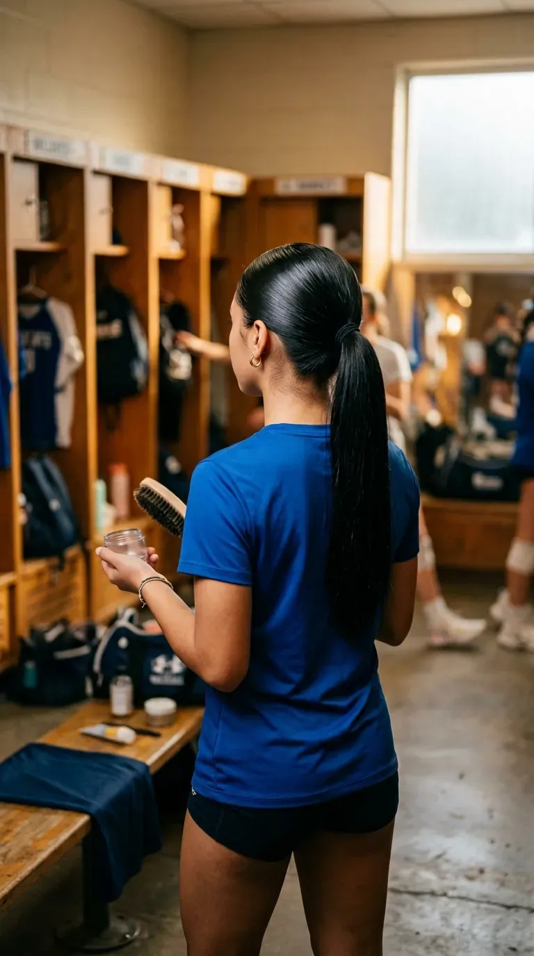 Sleek slicked back black ponytail with a smooth crown in a locker room
