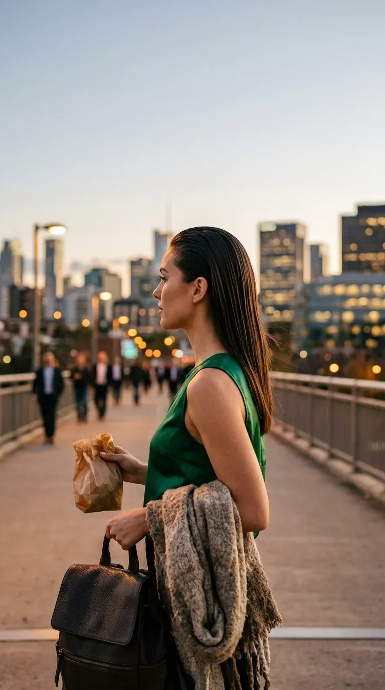 Side profile of slicked back roots with smooth hanging lengths on a city bridge