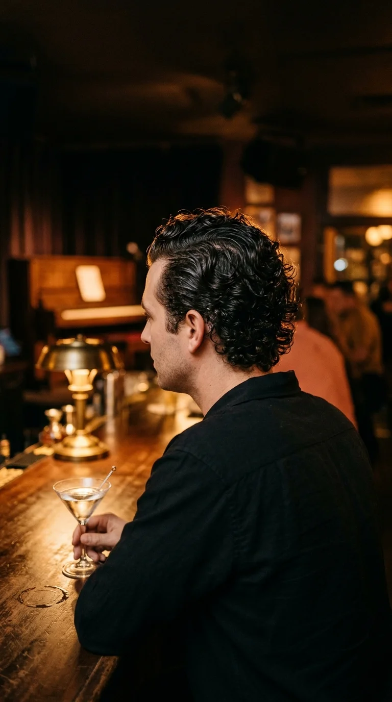 Three quarter back view of slicked back wet look curls in a jazz bar